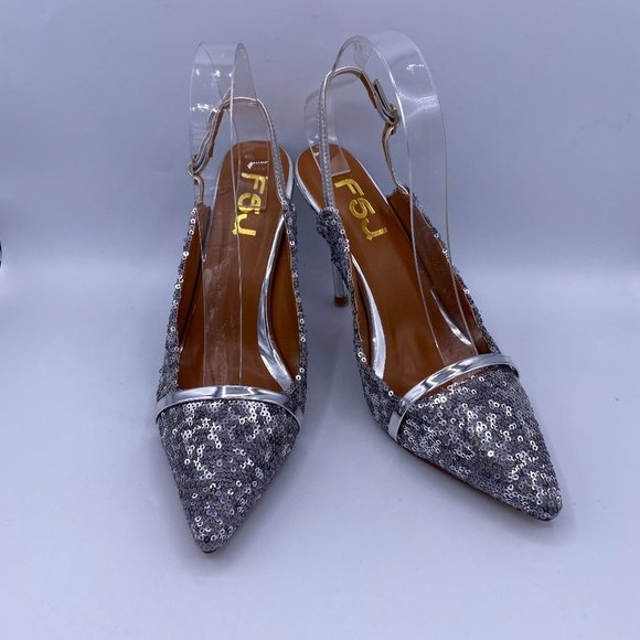 FSJ Silver Slingback pointed Kitten Heel Sandals - Picture 1 of 9